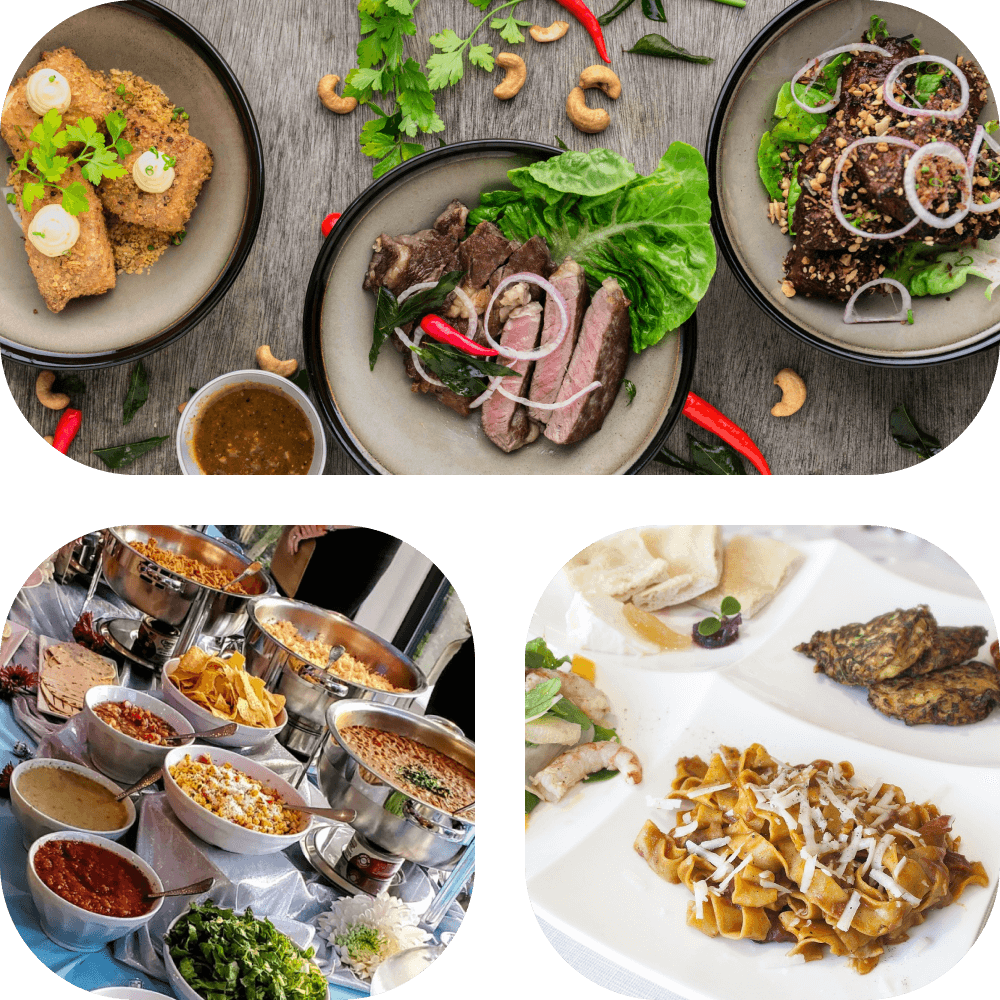 Four different plated meals prepared by a full-time chef. | A spread of freshly made food and vegetables. | A spread of various prepared meals and on a table